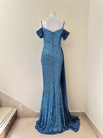 Blue Sequin Slit Dress