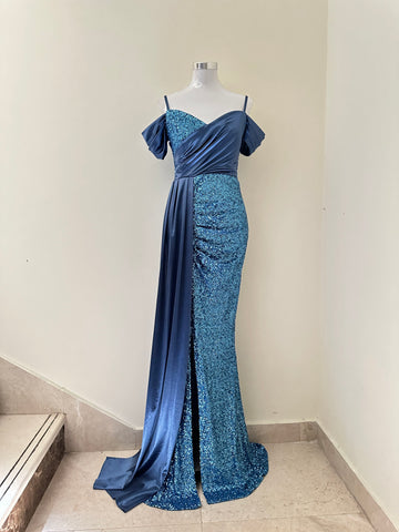 Blue Sequin Slit Dress