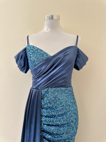Blue Sequin Slit Dress