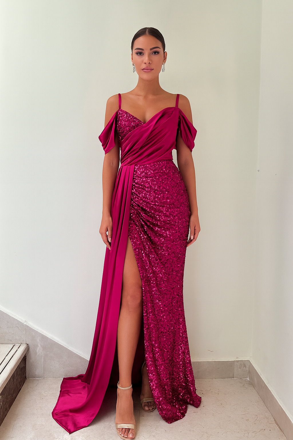 Fuchsia Sequin Slit Dress